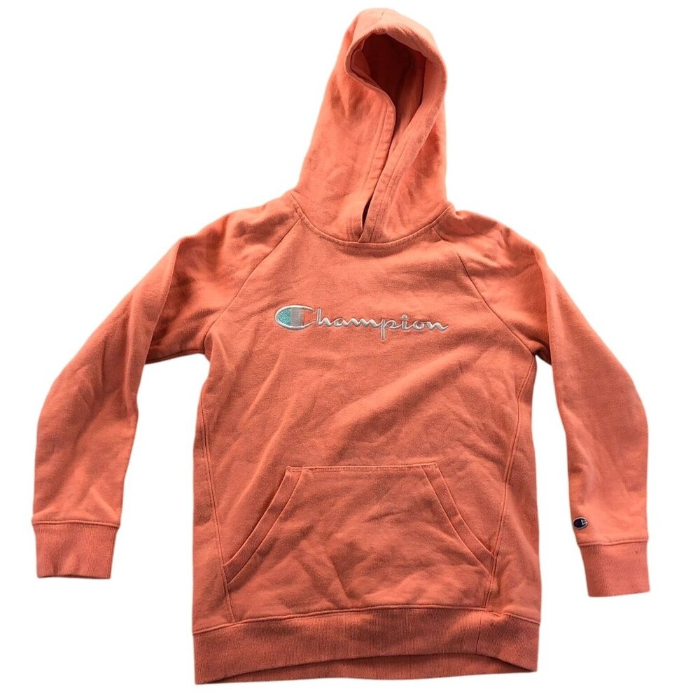 Champion Women Hoodiee Sweatshirt Large Orange Pullover Classic Embroidered Logo